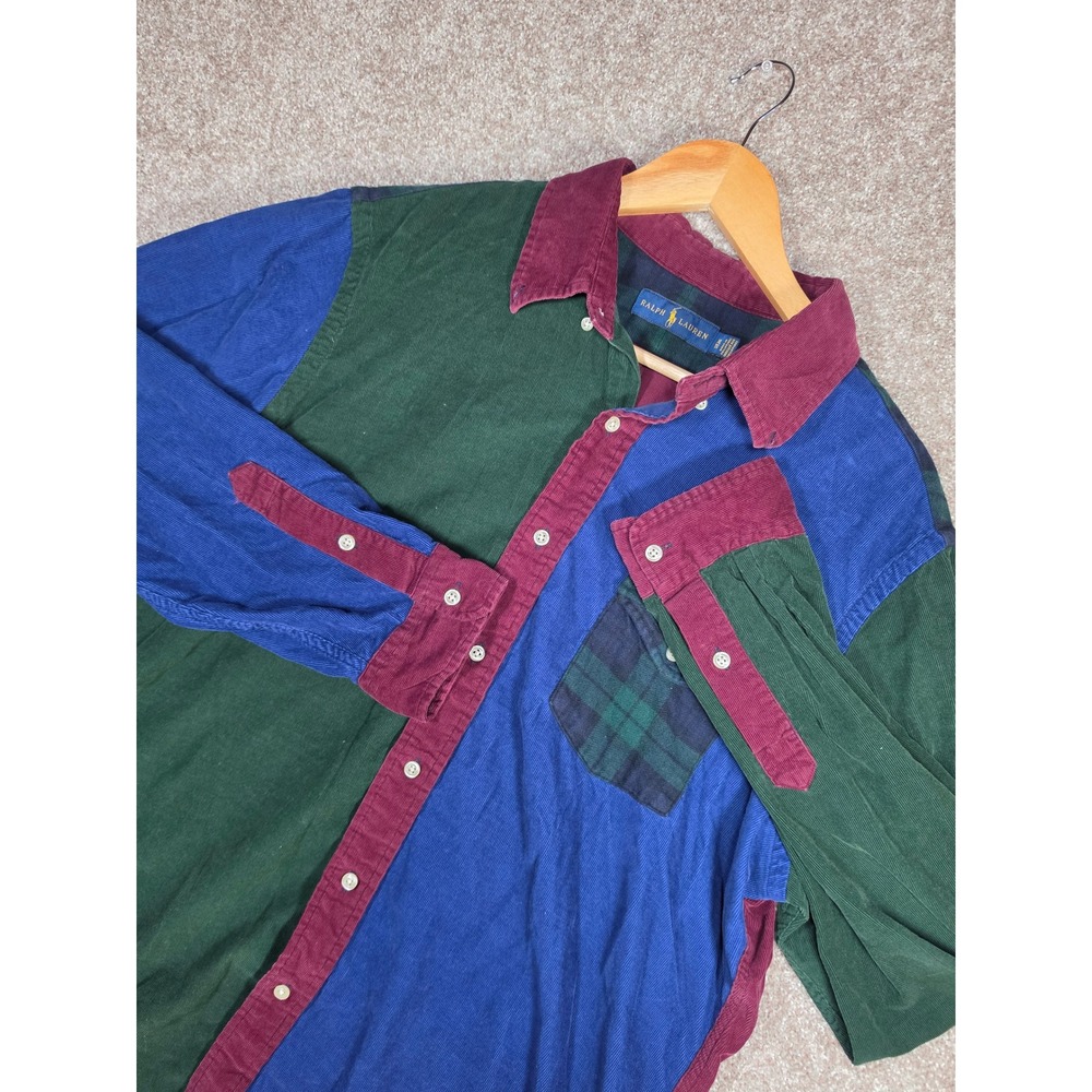 Vtg Ralph Lauren Mens XL Corduroy‎ Colorblock Button Shirt Green Blue Burgundy